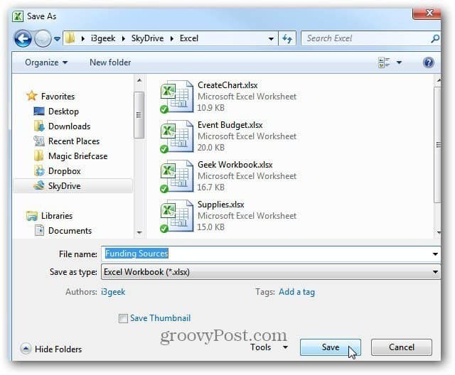 Сохранить документ Excel в SkyDrive