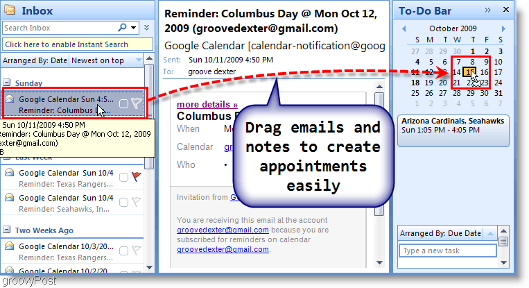 Панель задач Outlook 2007 - перетащите письмо в календарь