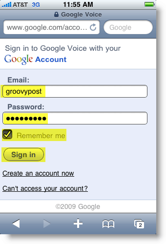 Страница входа в Google Voice для мобильных устройств