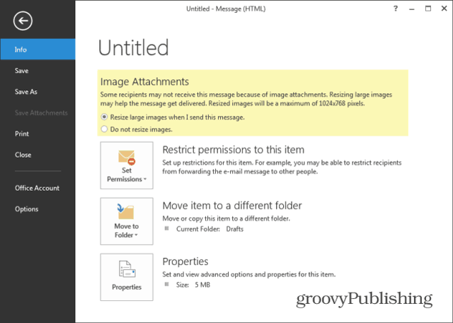 Outlook 2013 Изменение размера изображений для сообщения