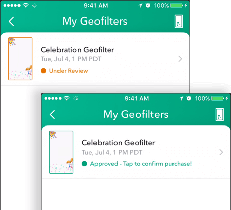 Как только ваш геофильтр Snapchat будет одобрен, его статус будет отображаться как одобренный на экране «Мои геофильтры».