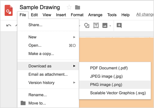 Выберите «Файл»> «Загрузить как»> «PNG-изображение» (.png), чтобы загрузить дизайн Google Drawings.
