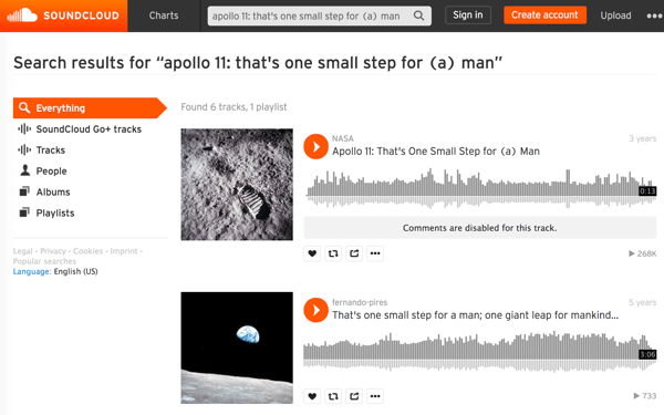 Выполните поиск в медиафайлах НАСА в SoundCloud, чтобы найти и загрузить аудиозаписи знаковых исторических моментов, например, первой прогулки по Луне.