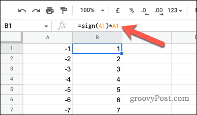 Использование ЗНАКА и умножения для преобразования отрицательных чисел в положительные в Google Sheets