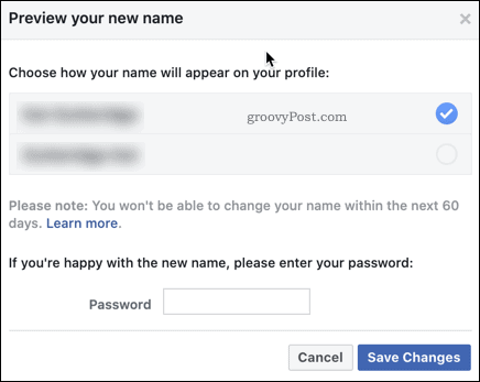 Подтверждение изменения имени в Facebook