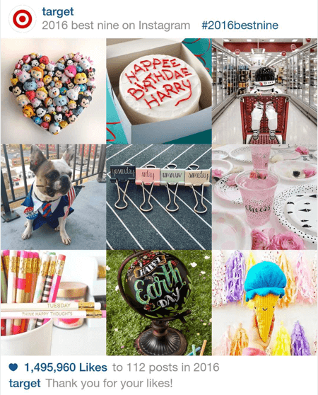Вот пример девяти лучших постов Target в Instagram в 2016 году.