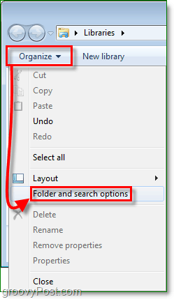 в Windows 7, чтобы перейти в окно параметров папки, нажмите упорядочить, а затем нажмите кнопку папки и параметры поиска