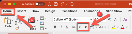 Значки для изменения текста на подстрочный или надстрочный в PowerPoint на Mac
