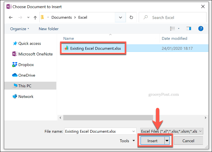 Выбор существующего документа Excel для вставки в OneNote