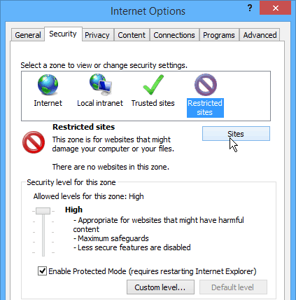 Ограниченные сайты Internet Explorer