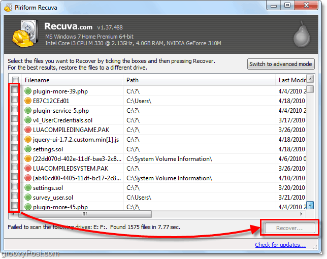 восстановить файлы после удаления с помощью Recuva, выберите asmay файлы, как вы хотите