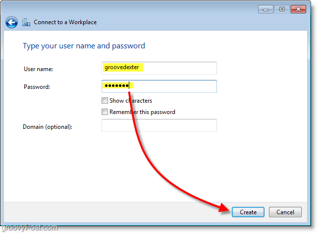 введите имя пользователя и пароль, а затем создайте соединение в Windows 7