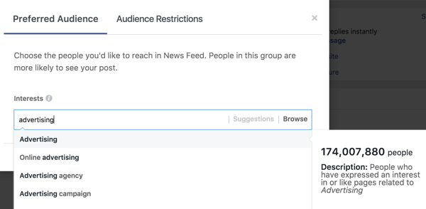 После того, как вы введете интерес, Facebook предложит вам дополнительные теги интересов.