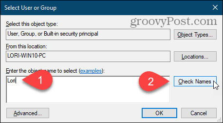 Нажмите «Проверить имена», чтобы ввести имя пользователя в диалоговом окне «Выбор пользователя или группы» в реестре Windows.
