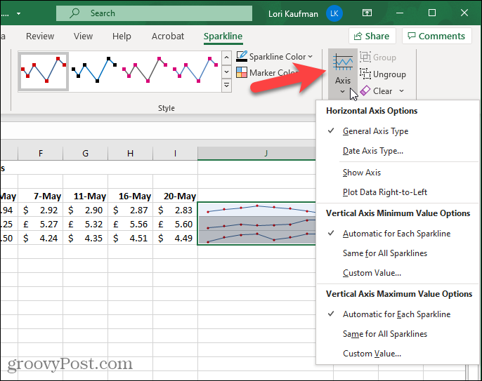 Кнопка оси на вкладке Sparkline в Excel