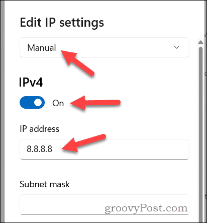 Установите IP-адрес для Google DNS