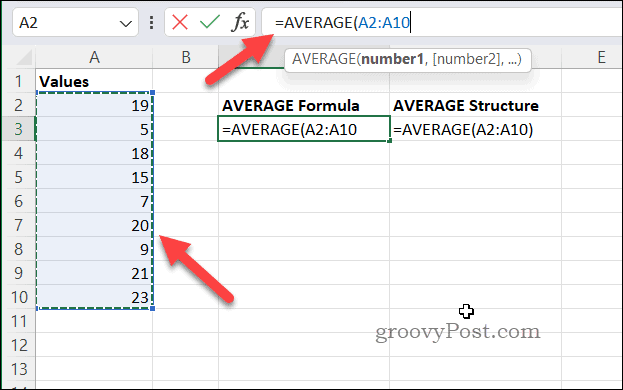 Создание формулы с использованием СРЗНАЧ в Excel