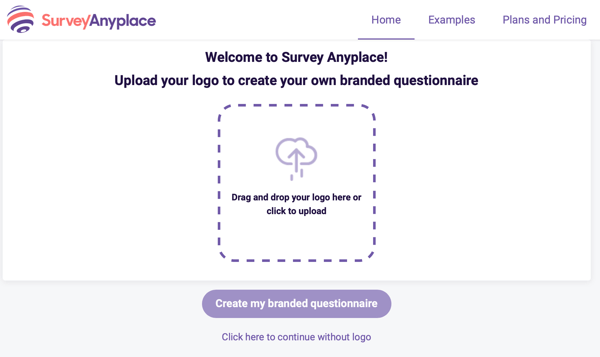 Приветствие Survey Anyplace и загрузка логотипа для фирменной анкеты.