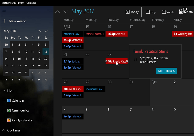 Приложение Календарь Windows 10