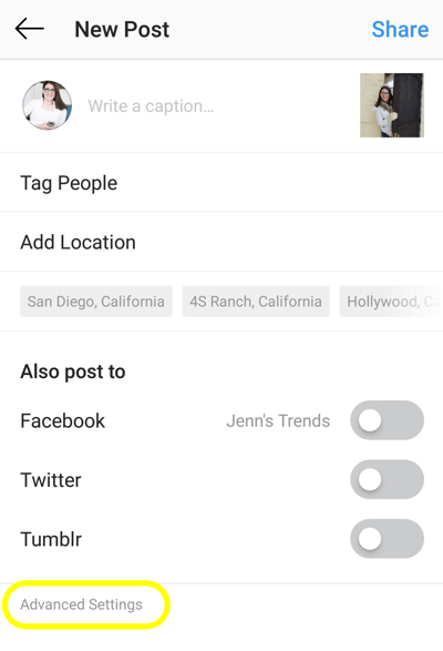 Как добавить альтернативный текст к сообщениям Instagram, шаг 1, новая опция расширенных настроек сообщения Instagram