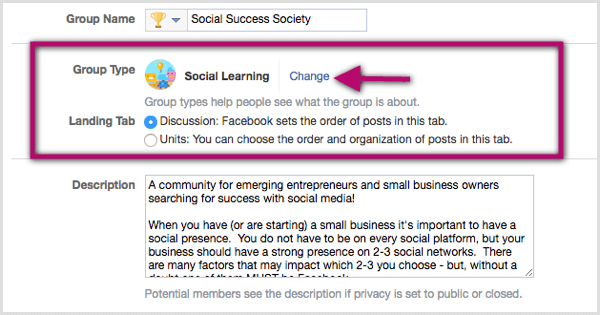 Щелкните ссылку «Изменить» рядом с существующей классификацией типа группы и выберите «Социальное обучение».