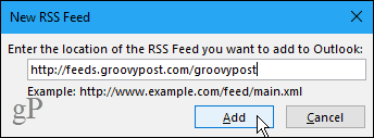 Новое диалоговое окно RSS-канала в Outlook