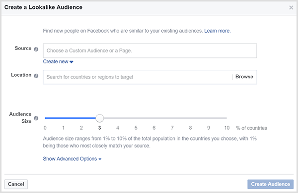 В диалоговом окне Facebook Create a Lookalike Audience есть ползунок размера аудитории.