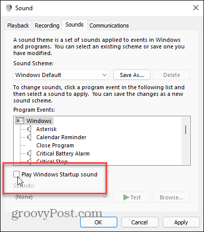 Воспроизвести звук при запуске Windows Windows 11