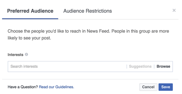 Добавьте теги интересов, которые отражают людей, которых вы хотите привлечь своей публикацией в Facebook.