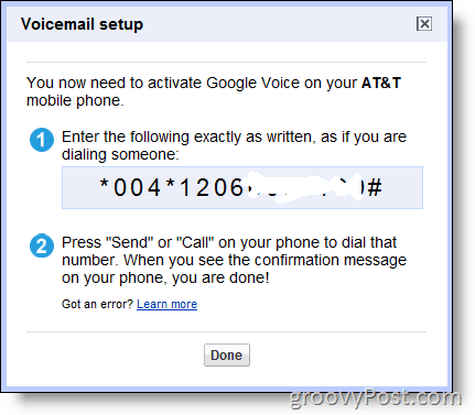 Снимок экрана: включить Google Voice для номера, не принадлежащего Google, на странице & t