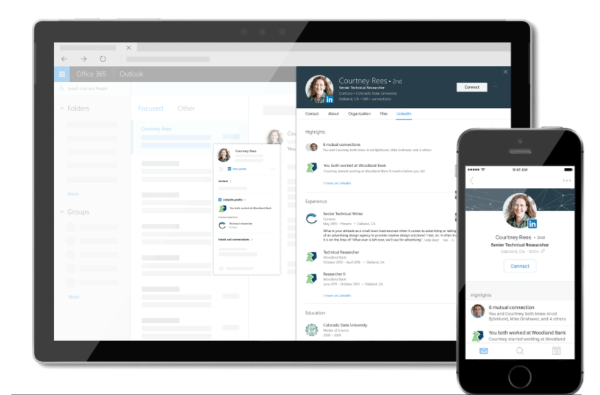 LinkedIn и Microsoft привносят персонализированные данные LinkedIn непосредственно в ваш опыт работы с Microsoft Office 365, интегрируя карточки профиля LinkedIn и Microsoft Office.