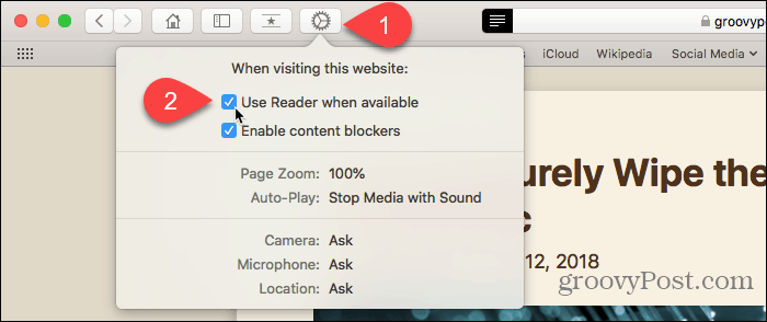 Кнопка «Настройки веб-сайта» в Safari для Mac
