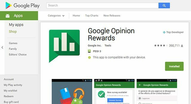 Заработайте бесплатный кредит в Google Play с помощью Google Opinion Rewards