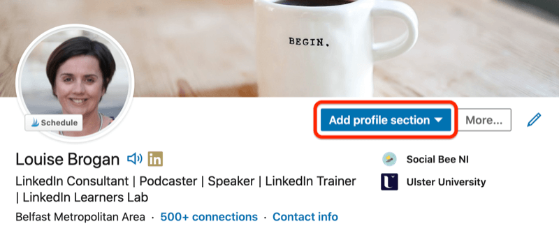 образец профиля linkedin с выделенной кнопкой раздела профиля объявления