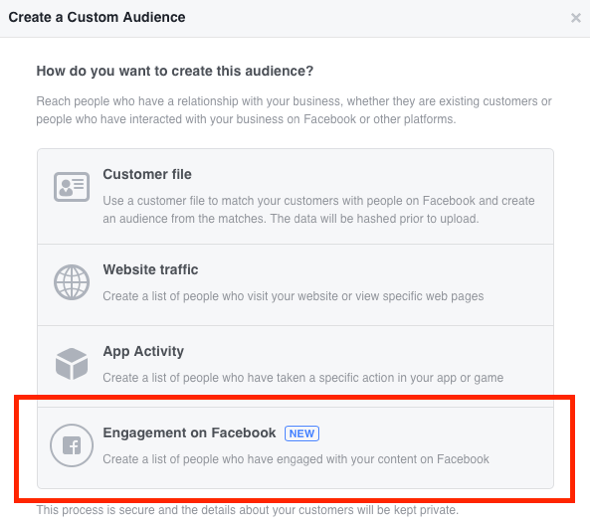 Выберите Вовлеченность на Facebook в качестве типа настраиваемой аудитории, которую вы хотите создать.