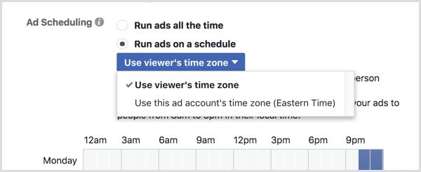 Выберите параметр «Использовать часовой пояс средства просмотра» для своей кампании на Facebook.