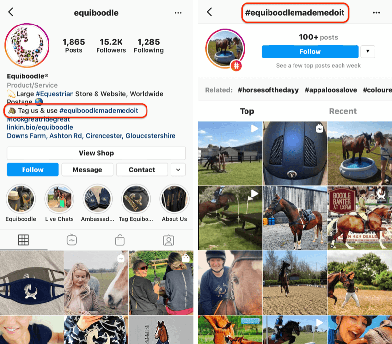 пример хэштега бренда и CTA для пользовательского контента в бизнес-биографии Instagram