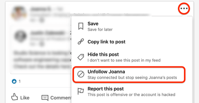 снимок экрана... раскрывающееся меню для публикации LinkedIn с опцией «Отписаться», обведенной красным