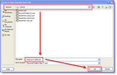 Назовите свой файл .PST, выберите путь и нажмите OK:: groovyPost.com