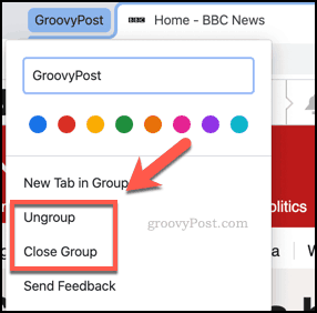Закрыть или разгруппировать группы вкладок в Chrome