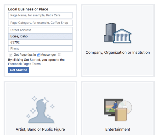 Подумайте о функциях, которые предлагает каждый тип и категория для вашей страницы в Facebook.