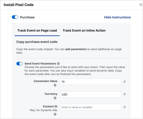 Задайте параметры для генерации необходимого кода события Facebook.
