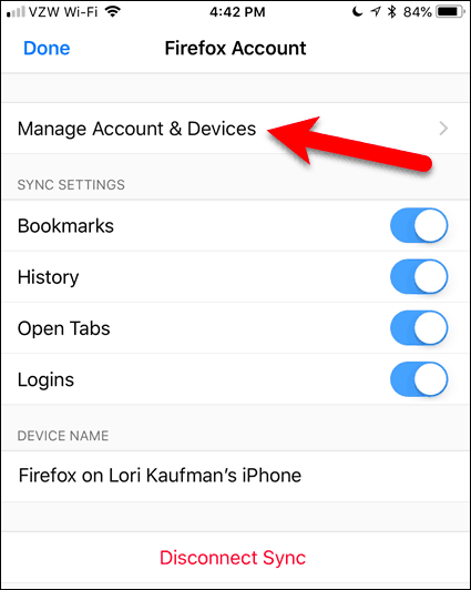 Нажмите Управление учетной записью и устройствами в Firefox для iOS