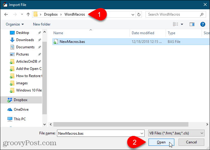 Диалоговое окно «Импорт файла» в редакторе VBA в Word