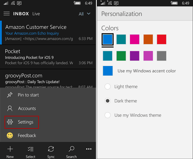 Приложение Outlook Mail и Календарь в Windows 10 Mobile получает темную тему