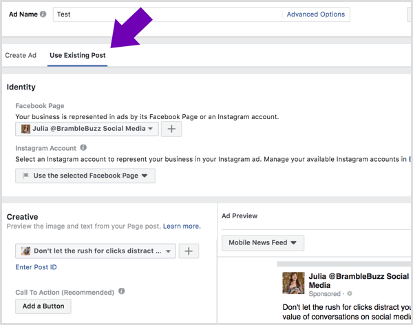Перейдите на вкладку «Использовать существующую публикацию» и выберите страницу и публикацию, которые хотите разместить в качестве рекламы Facebook.
