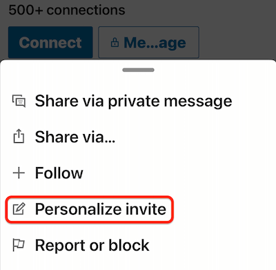 linkedin мобильный профиль еще... меню с выделенной опцией "персонализировать приглашение"