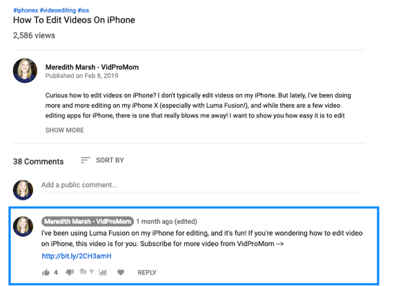 Как использовать серию видео для развития вашего канала YouTube, пример закрепленного комментария к видео YouTube со ссылкой Мередит Марш