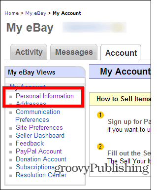 eBay изменить пароль настройки учетной записи личная информация