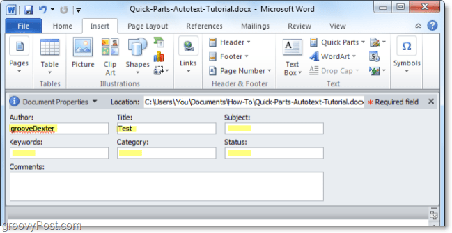 настроить свойства документа на панели документов в Word 2010
